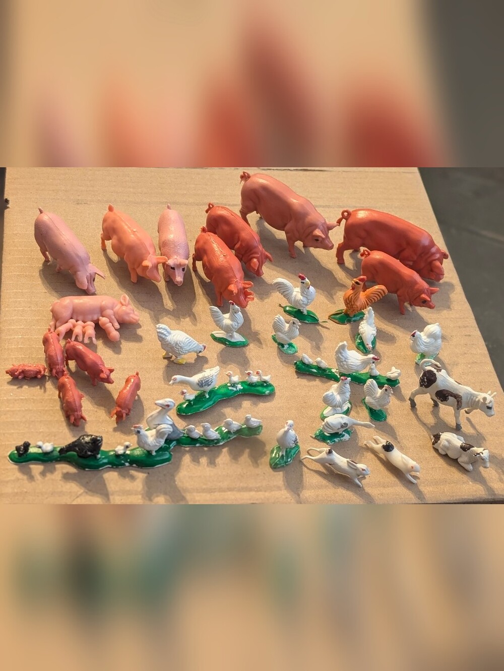 Vintage Plastic Farm Animal Miniatures - Pink Pigs & White Chickens
